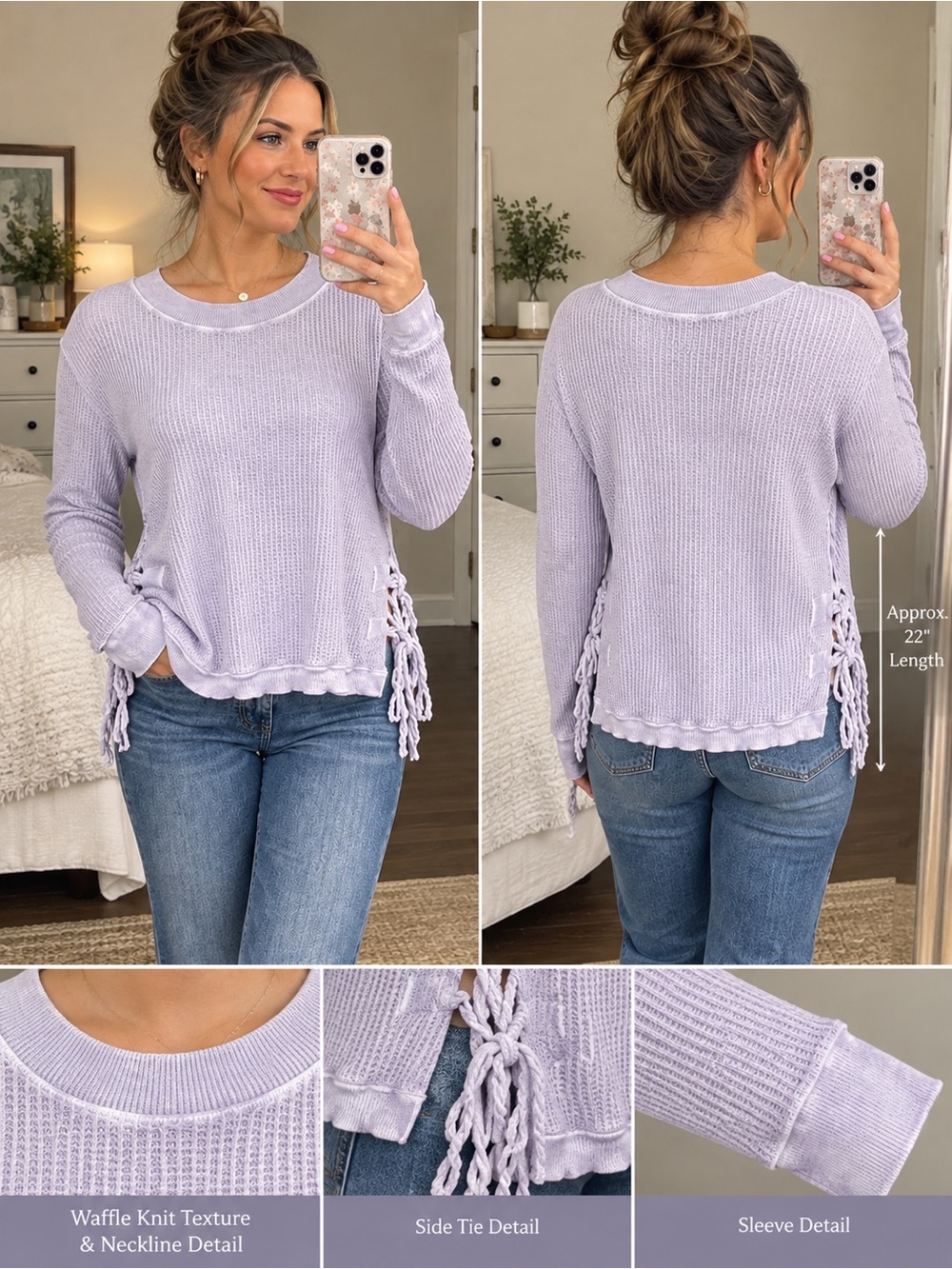 Free People FP One Interlaken Waffle Knit Side Tie Thermal Sweater Lavender L